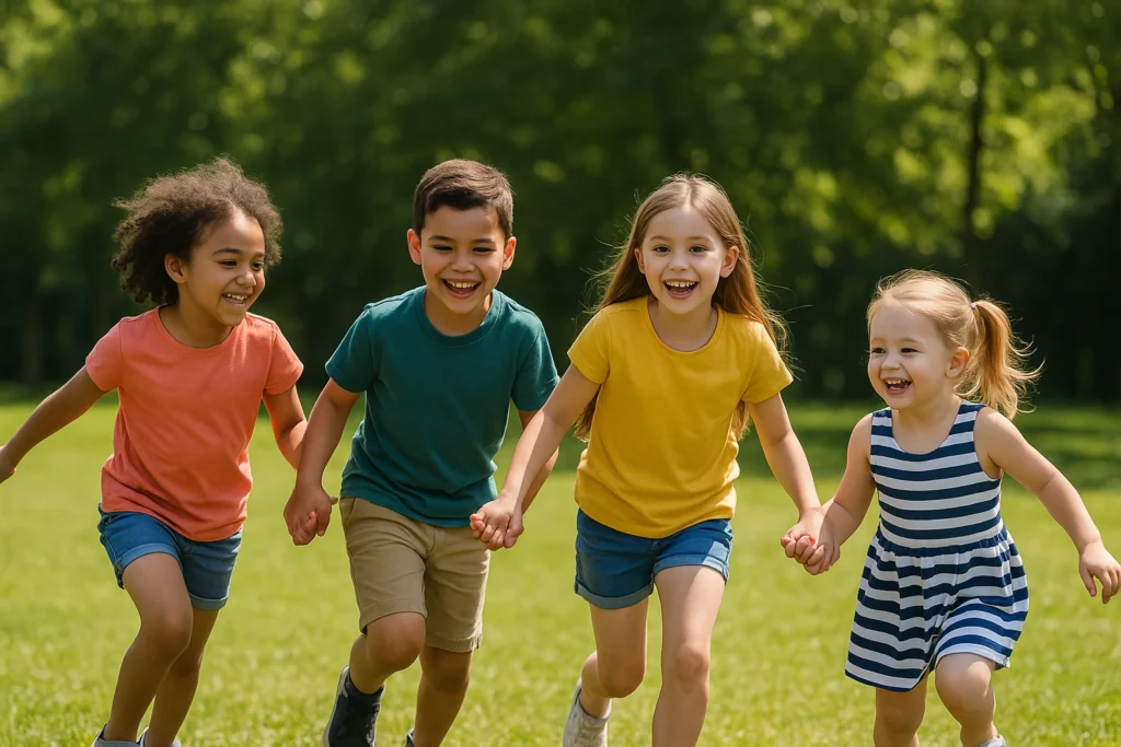 Children playing outdoor speech and language games together