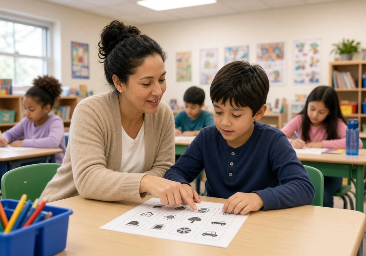 Classroom teacher sitting beside a student at a desk