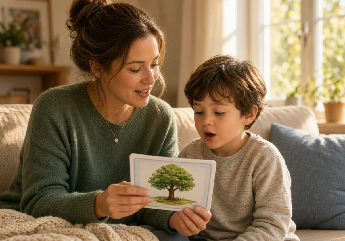 Parent and young child on a comfortable couch in a home living room