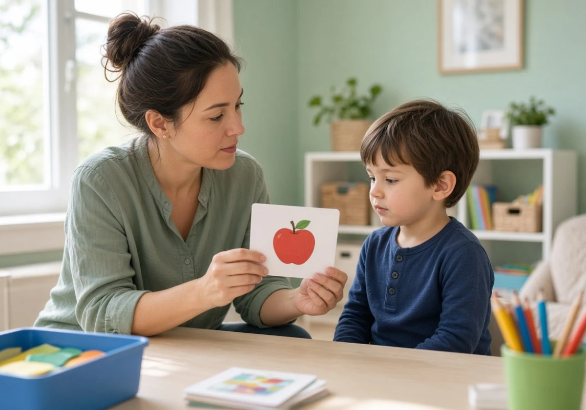 Speech-language pathologist and young child seated at a small table